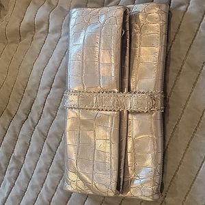Leather croco gunmetal/silver/bronze clutch by Donald Pliner